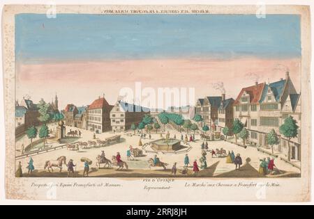 Vista del RossMarkt en Frankfurt am Main, 1700-1799. En el medio una avenida con castaños y a la izquierda la St. Katharinen-Kirche. Foto de stock