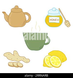 Taza con limón, jengibre y miel, té saludable e ingredientes, remedios naturales para la tos y la gripe, ilustración vectorial plana estilo doodle Ilustración del Vector