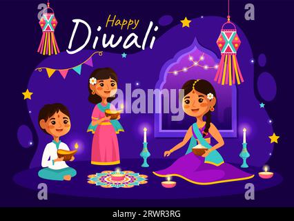 Ilustración vectorial hindú feliz de Diwali con Rangoli indio y fondo de fuegos artificiales para Festival de luz de la India en diseño plano de dibujos animados para niños Ilustración del Vector