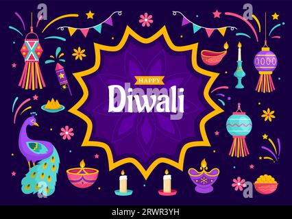 Ilustración vectorial hindú feliz de Diwali con Rangoli indio y fondo de fuegos artificiales para Festival de luz de la India en diseño plano de dibujos animados para niños Ilustración del Vector