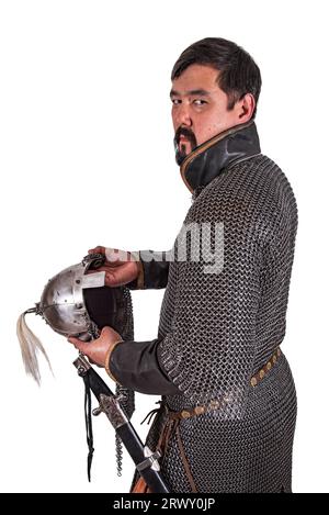 Soldado búlgaro Khazar Khanate. siglo 9-10. Aislado en blanco Foto de stock