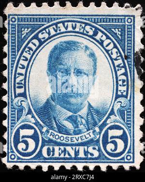 El presidente ESTADOUNIDENSE Theodore Rooosevelt en el antiguo sello postal Foto de stock