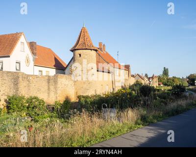 Parte de la antigua muralla de la ciudad y las torres, sitio de jardín de huerto, Mainbernheim, Baja Franconia, Alemania Foto de stock
