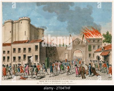 Asalto de la Bastilla, 14 de julio 1789, por los ciudadanos y los antiguos guardias franceses, Revolución Francesa, grabado a mano, 1789 Foto de stock