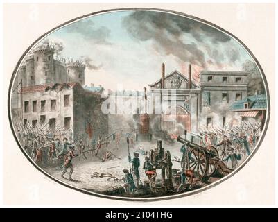 Asalto de la Bastilla, primer ataque a la Bastilla (asaltado en 3 horas) en 14 de julio 1789, grabado a mano de color por Laurent Guyot después de Jean Alexis Cornu, 1789 Foto de stock
