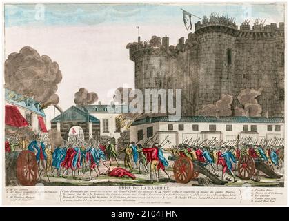 El arresto de Bernard René Jourdan, marqués de Launay en la toma de la Bastilla, 14 de julio 1789, revolución francesa, grabado de color a mano, 1789 Foto de stock