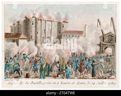 Asalto de la Bastilla, tomada en dos horas y media, 14 de julio 1789, en grabado a mano de color por Charles-François-Gabriel Le Vachez, 1789 Foto de stock