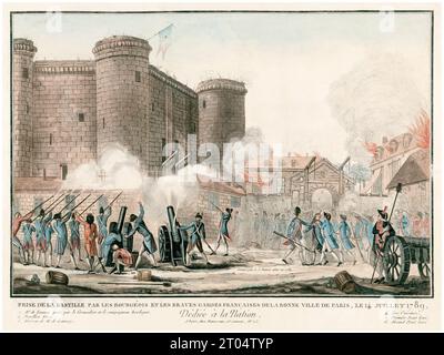 Asalto de la Bastilla por el burgués y los valientes guardias franceses de la buena ciudad de París, 14 de julio 1789, grabado a mano de Jacques-Louis Bance, 1789 Foto de stock