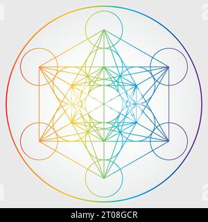 Metatron's Cube Ilustración Colores del arco iris Símbolo de geometría sagrada Diseño vectorial Círculo Espiritualidad Universo Mandala Colorido Estrella Ilustración del Vector