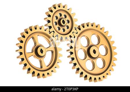 Engranajes dorados y mecanismos de rueda dentada, representación 3D aislada sobre fondo blanco Foto de stock