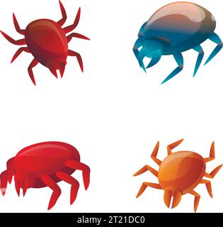 Mite iconos set vector de dibujos animados. Varios tipos de ácaros. Parásito chupador de sangre, insecto Ilustración del Vector