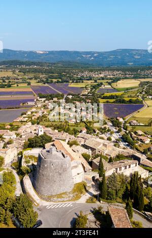 Francia, Alpes de Alta Provenza, Simiane la Rotonde, el castillo y su Rotonde del siglo 12 (vista aérea) Foto de stock