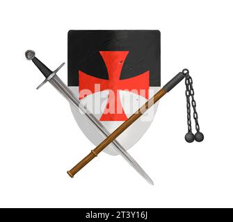 Escudo de armas de cruzados. Dibujo con escudo de caballero y armas. Foto de stock