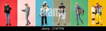 Conjunto de diferentes hombres en ropa de invierno sobre fondo colorido Foto de stock
