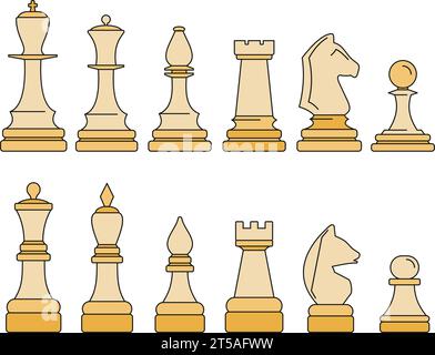 Pieza de ajedrez Icon Set. Esquema conjunto de piezas de ajedrez vector iconos línea delgada de color plano en blanco Ilustración del Vector