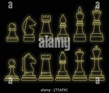 Pieza de ajedrez Icon Set. Esquema conjunto de piezas de ajedrez vector iconos color neón en negro Ilustración del Vector