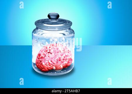 Cerebro humano en tarro de vidrio, ilustración Foto de stock