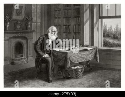 Lámina antigua que muestra a William Cullen Bryant (1794 – 1878), poeta romántico estadounidense. Por Hollyer, publ. ca 1876 Foto de stock