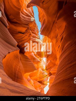 Los ejes de luz penetran profundamente hasta el fondo del cañón de la ranura en la parte inferior del Cañón del Antílope, Page, Arizona Foto de stock