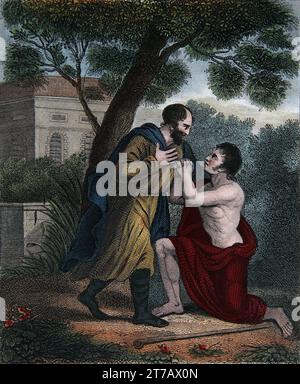 Ilustración del Hijo Pródigo Regresa (Lucas XV.20) de la Biblia Familiar de Auto-Interpretación Foto de stock
