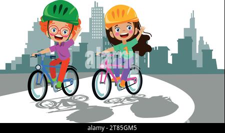 lindos niños y niñas montando bicicletas Ilustración del Vector
