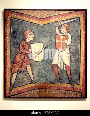 El entrenamiento de un hospitalista con su escudero. Anónimo (1280-1300). Panel pintado de San Fructuoso de Bierge. Huesca, Aragón, España. Foto de stock