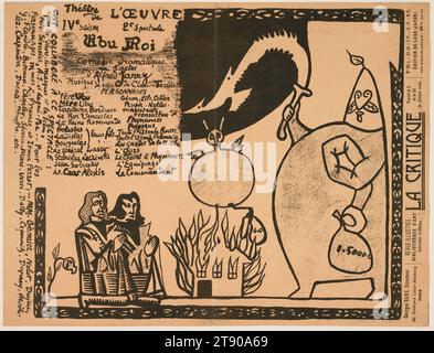 Programa para el Rey Ubu (Ubu Roi), 1896, Alfred Jarry; Editorial: Théâtre de l'oeuvre, París, francés, 1873-1907, 9 3/4 x 12 13/16 in. (24,77 x 32,54 cm) (hoja, desplegada), litografía sobre papel bronceado; hoja doblada, Francia, siglo XIX, el autor francés Alfred Jarry es mejor conocido por su obra de teatro 'Ubu Roi' (Rey Ubu). La obra de cinco actos de Jarry se estrenó el 10 de diciembre de 1896 en el Théâtre de L'oeuvre de París. La obra era una farsa escatológica que caricaturizaba a la realeza y el abuso de poder con el personaje principal Ubu que simbolizaba la injusticia y la codicia. El humor iconoclasta discordante del programa Foto de stock