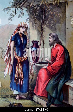 Ilustración de Cristo y la mujer de Samaria (Evangelio de Juan) Jesucristo pidiendo una bebida de agua de una mujer samaritana en el pozo de Jacob Foto de stock