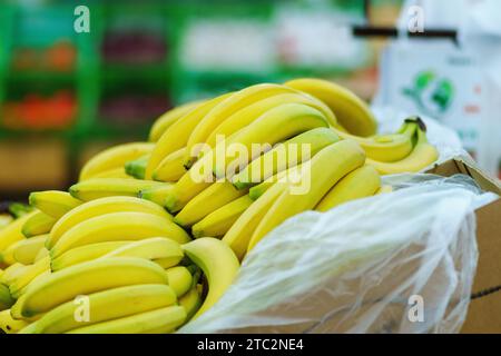 Racimos de plátanos maduros amarillos en una tienda dispuestas en filas en primer plano. Selecciona Focus Foto de stock