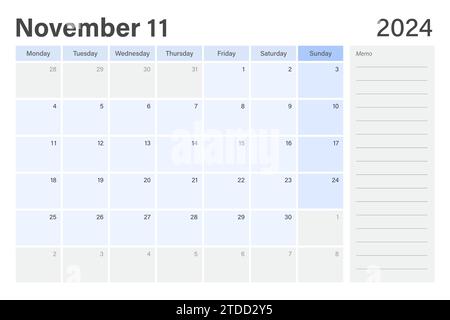 Noviembre 2024 Calendario Mensual De Business Desk Pad Planificador De   2024 Noviembre Las Semanas Del Calendario Del Planificador De Escritorio Comienzan El Lunes En Azul Claro Y Gris Tema Con Espacio Vacio De La Nota De La Linea De Nota Diseno Vectorial 2tdd2y5 