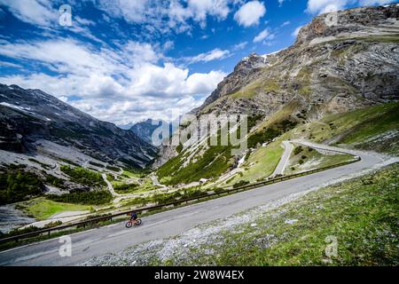 Ciclismo de carretera en Stelvio Pass cerca de Bormio, Italia Foto de stock