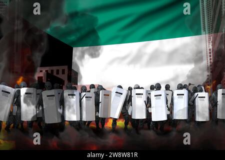 Kuwait protesta parando el concepto, las fuerzas especiales de la policía en la calle de la ciudad están protegiendo el estado contra el desorden - ilustración militar 3D en el backgro de la bandera Foto de stock