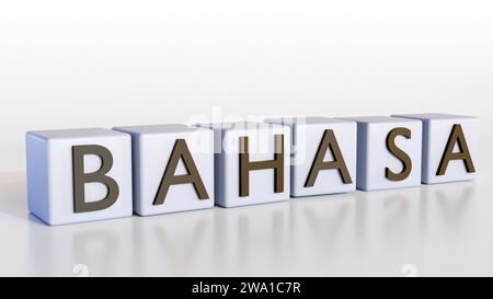 Representación 3D de palabras Bahasa escritas en dados sobre un fondo blanco. Foto de stock