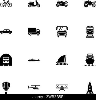 Icono de transporte - Expandir a cualquier tamaño - Cambiar a cualquier color. El vector plano perfecto contiene iconos tales como bicicleta, bicicleta, barco, autobús, coche, caravana, ferrocarril Ilustración del Vector