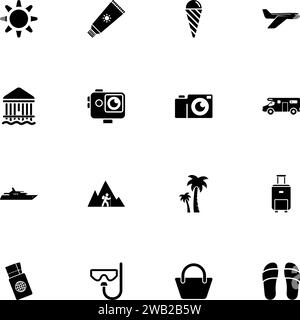 Icono de turismo - Expandir a cualquier tamaño - Cambiar a cualquier color. Vector plano perfecto contiene iconos tales como playa, sol, postal, avión, crema, palma Ilustración del Vector