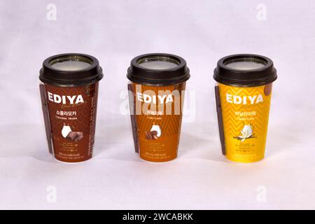 Ulsan, Corea del Sur - 14 de enero de 2024: Un encantador trío de cafés embotellados de Ediya, incluyendo Chocolate Mocha, Café Latte y Vanilla Latte. Ediya, A. Foto de stock