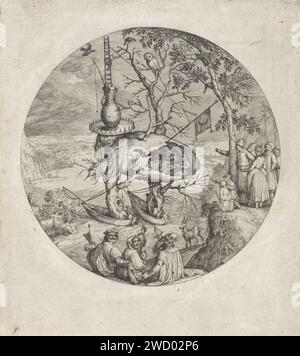 Boommens, Anónimo, después de Jheronimus Bosch, después de Pieter Bruegel (I), 1550 - 1575 imprimir Un monstruo, en parte humano y en parte árbol, flota en dos barcos de pesca en un río en un amplio paisaje con un ciervo y algunas aves, incluyendo una cigüeña y un búho. La figura lleva una jarra en su cabeza. Dos hombres salen de la jarra usando una escalera. Debido a un agujero en el casco de la criatura, una compañía de comida y bebida se puede ver alrededor de una mesa. Una bandera con media luna, el símbolo de los incrédulos, está saliendo del agujero. A la derecha un grupo de personas observa. En el frente de un hombre con suministros de pintura, una w Foto de stock
