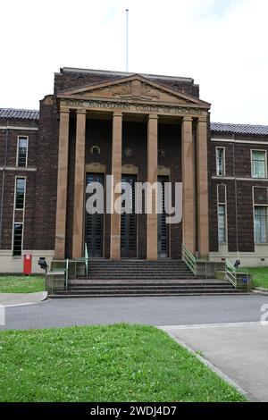 Entrada principal al Real Colegio Australasiano de Cirujanos, que actualmente alberga una biblioteca y un museo sobre la historia durante un día nublado Foto de stock