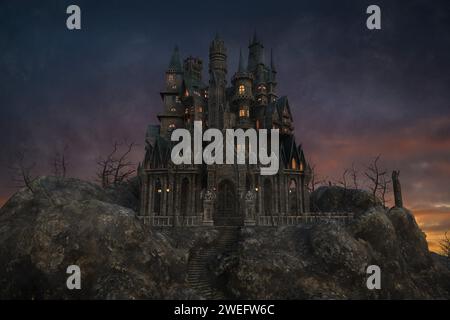 Misterioso castillo de vampiro gótico de fantasía oscura en una montaña brumosa después de la puesta del sol. Ilustración 3D. Foto de stock