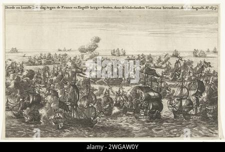Batalla marítima en Kijkduin, 21 de agosto de 1673, 1674 - 1676 imprimir La batalla marítima en Kijkduin el 21 de agosto de 1673 entre la flota de la República bajo De Ruyter y la flota combinada Inglés-Francés bajo el Príncipe Rupert y Graaf Jean d'Estrées. Batalla de grabado de papel del norte de los Países Bajos (+ fuerza naval). Batalla del Texel Foto de stock