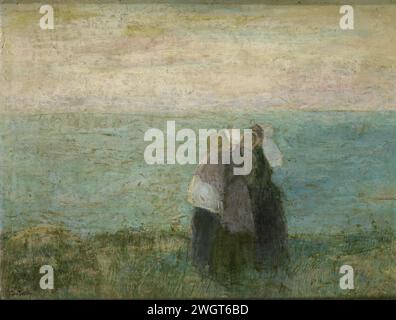 Mujeres aan Zee, Jan Toorop, 1885 - 1897 pintura Mujeres junto al mar. Dos mujeres caminan con un niño en sus brazos a lo largo del mar. cartón. pintura al óleo (pintura) costa (+ paisaje con figuras, staff). mujer adulta Foto de stock