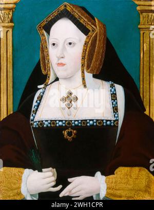 Catalina de Aragón o Catalina de Aragón (1485-1536), Reina de Inglaterra (1509-1533), pintura de retrato en óleo sobre tabla, 1700-1725 Foto de stock