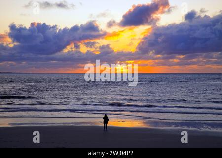 Dirección: Wattlandschaft mit untergehender Sonne und einem Menschen am Meer, Insel Norderney, Nordsee, Niedersachsen, Deutschland, Alemania Europa Foto de stock