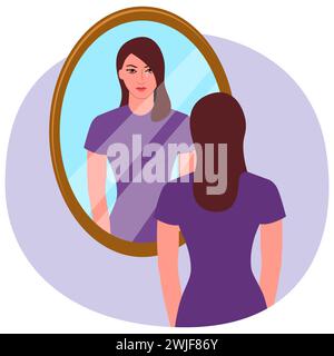 Clip art de una mujer joven triste mirando en el espejo, soledad, depresión, concepto bipolar, ilustración vectorial Ilustración del Vector