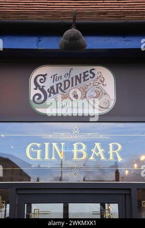 Letrero para el Tin of Sardines Sunderland - Roker Sea View Gin bar, lleno de carácter y con increíbles vistas al mar, en el NE de Inglaterra, Reino Unido Foto de stock
