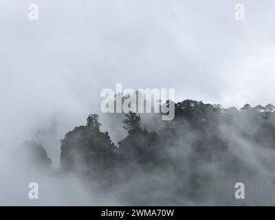 Niebla que cubre las 3 rocas verticales conocidas como rocas de pilar, Kodaikanal, Tamil Nadu Foto de stock