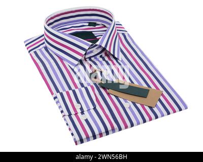 Camisa de hombre doblada a rayas multicolor con mangas largas y botones aislados sobre fondo blanco Foto de stock
