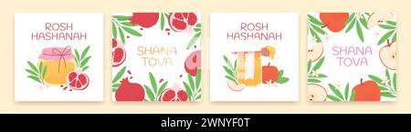 Rosh hashanah diseño de tarjetas de celebración. Carteles con miel, manzanas y granada con hojas verdes. Plantillas de banners vectoriales de racy de año nuevo judío Ilustración del Vector