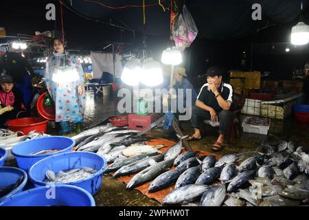 El mercado de pescado fresco y marisco temprano en la mañana en Thanh Hà, Hoi An, Vietnam. Foto de stock