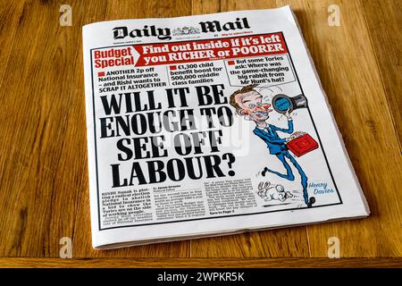 7 de marzo de 2024. El titular del Daily Mail después de que el presupuesto diga: ¿Será suficiente para acabar con los laboristas? Foto de stock